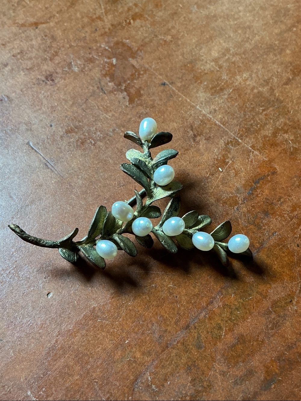 Michael Michaud Boxwood Brooch Bronze and Freshwater Pearls